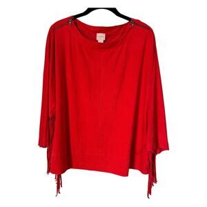 Chicos Top Size 2 Orange Faux Suede Fringe w/Zipper Shoulder Detail Boho Hippie